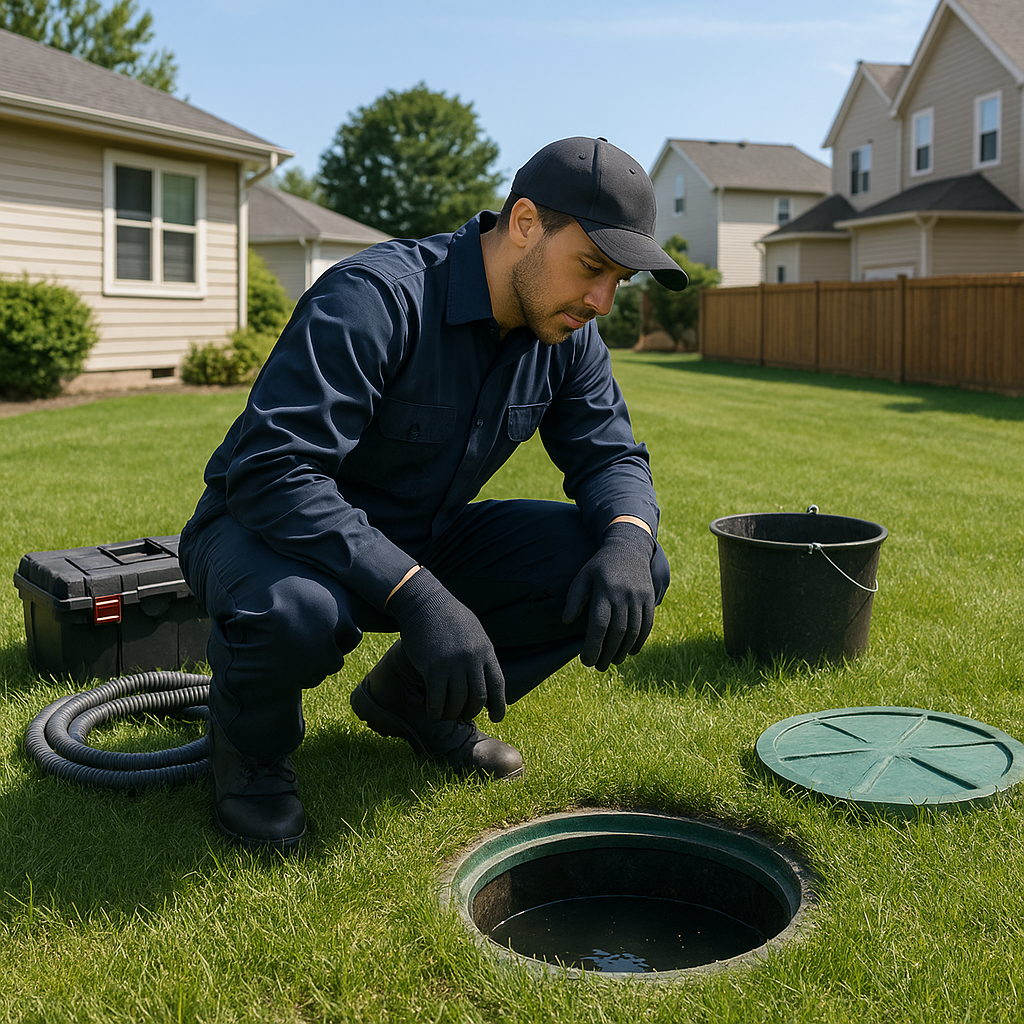 Septic technician inspecting system at a Georgetown home